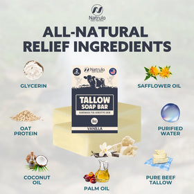 Close-up of Natrulo label listing grass-fed tallow and simple ingredients for clarity