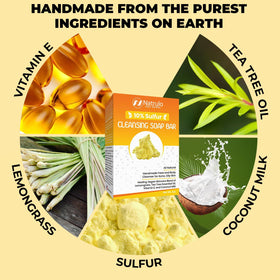 Natrulo ingredient label close-up listing sulfur, tea tree, lemongrass benefits