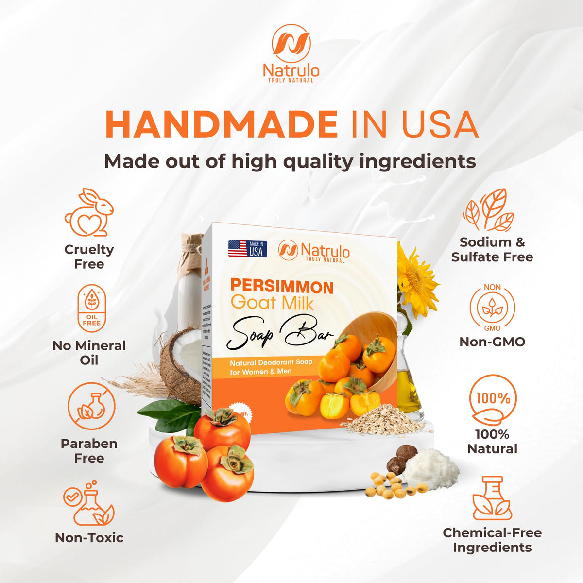 Natrulo persimmon soap held in hand to show size and portability