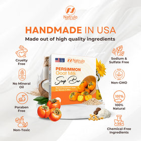 Natrulo persimmon soap held in hand to show size and portability