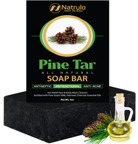Natrulo pine tar soap front packaging showing bar and label benefits