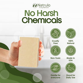 Natrulo soap in hand forming a mild lather to relieve itch and cleanse