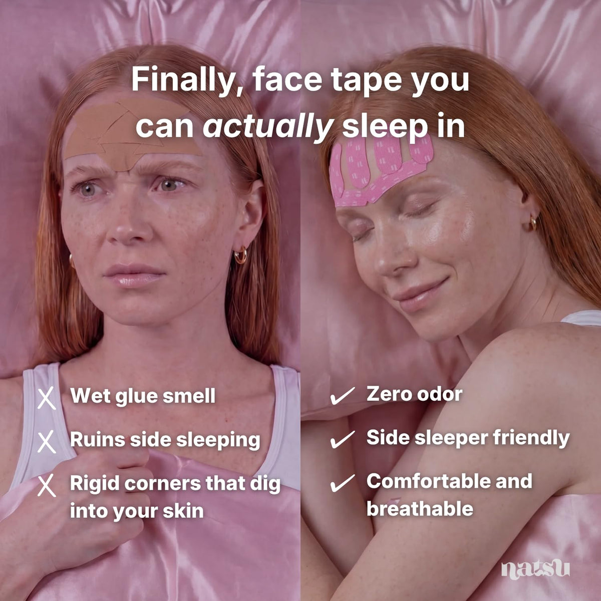Natsu patches applied on forehead demonstrating precise fit and crease protection