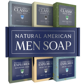 Natural American front packaging showing six wrapped soap bars and brand benefit