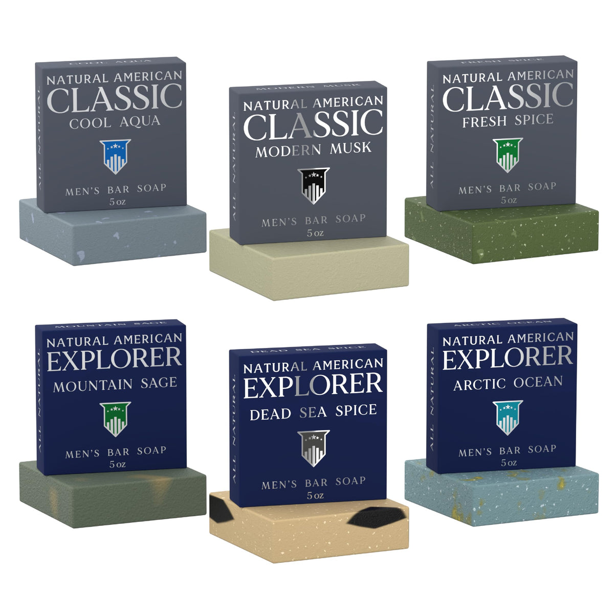 Natural American bars styled in bathroom setting conveying premium grooming routine benefit