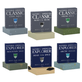 Natural American bars styled in bathroom setting conveying premium grooming routine benefit