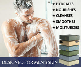 Natural American soap lathered in hand in shower demonstrating effective cleansing and hydration