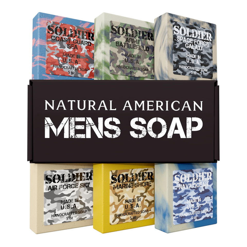 NATURAL AMERICAN soldIer front packaging shows six masculine bars and protects product