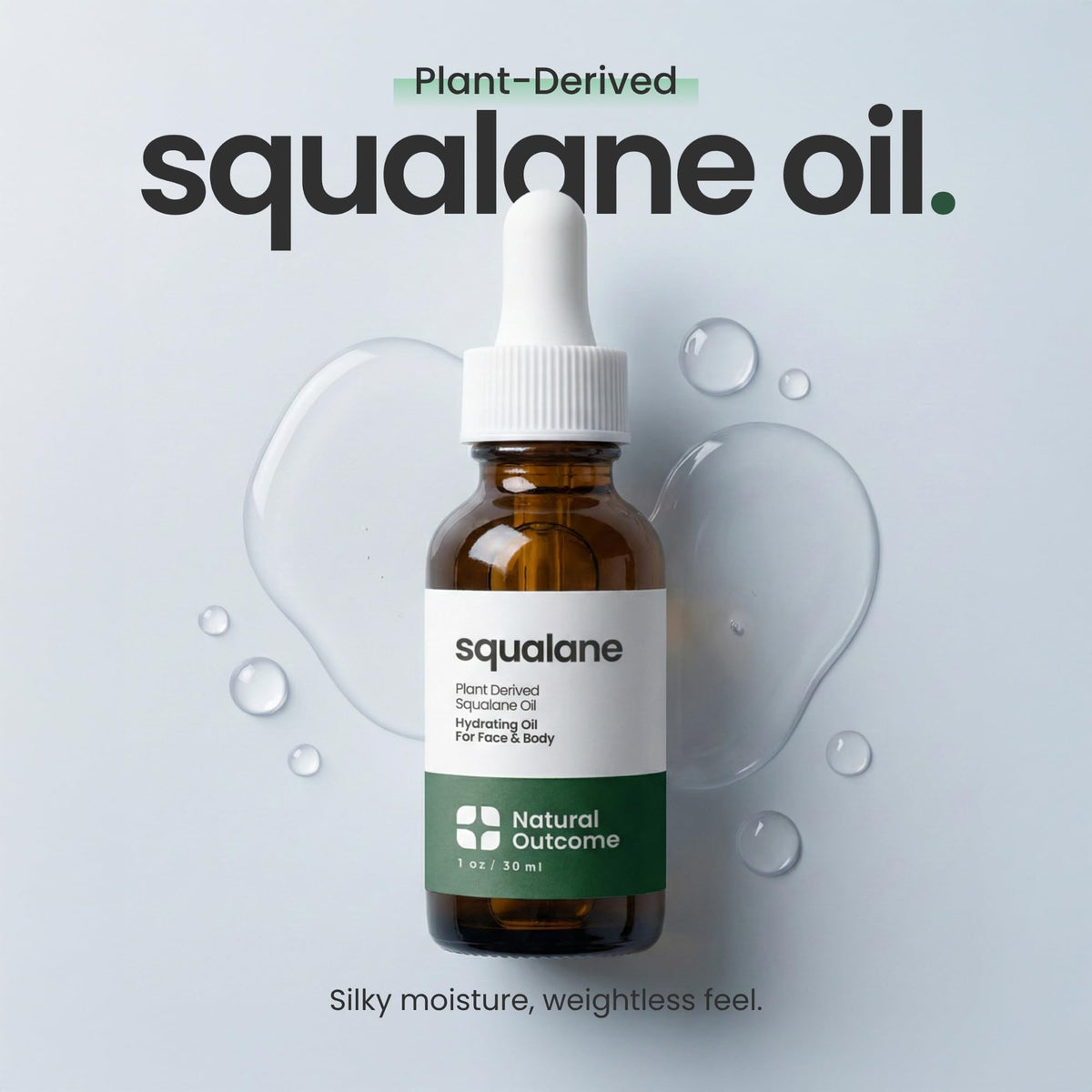 natural outcome dropper dispensing clear squalane oil for precise, no-waste application