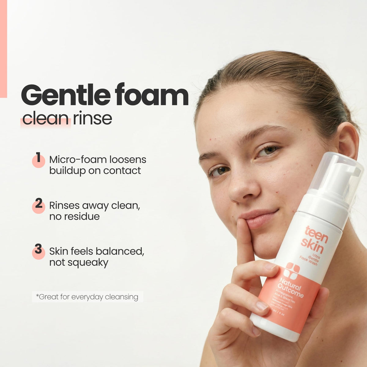 Natural Outcome foam rinsing from skin showing non-drying finish benefit