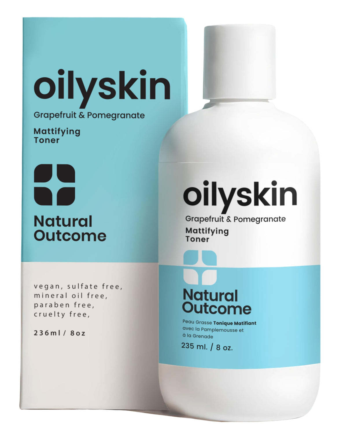 Natural Outcome front bottle shot showing 8 oz toner and matte packaging benefit