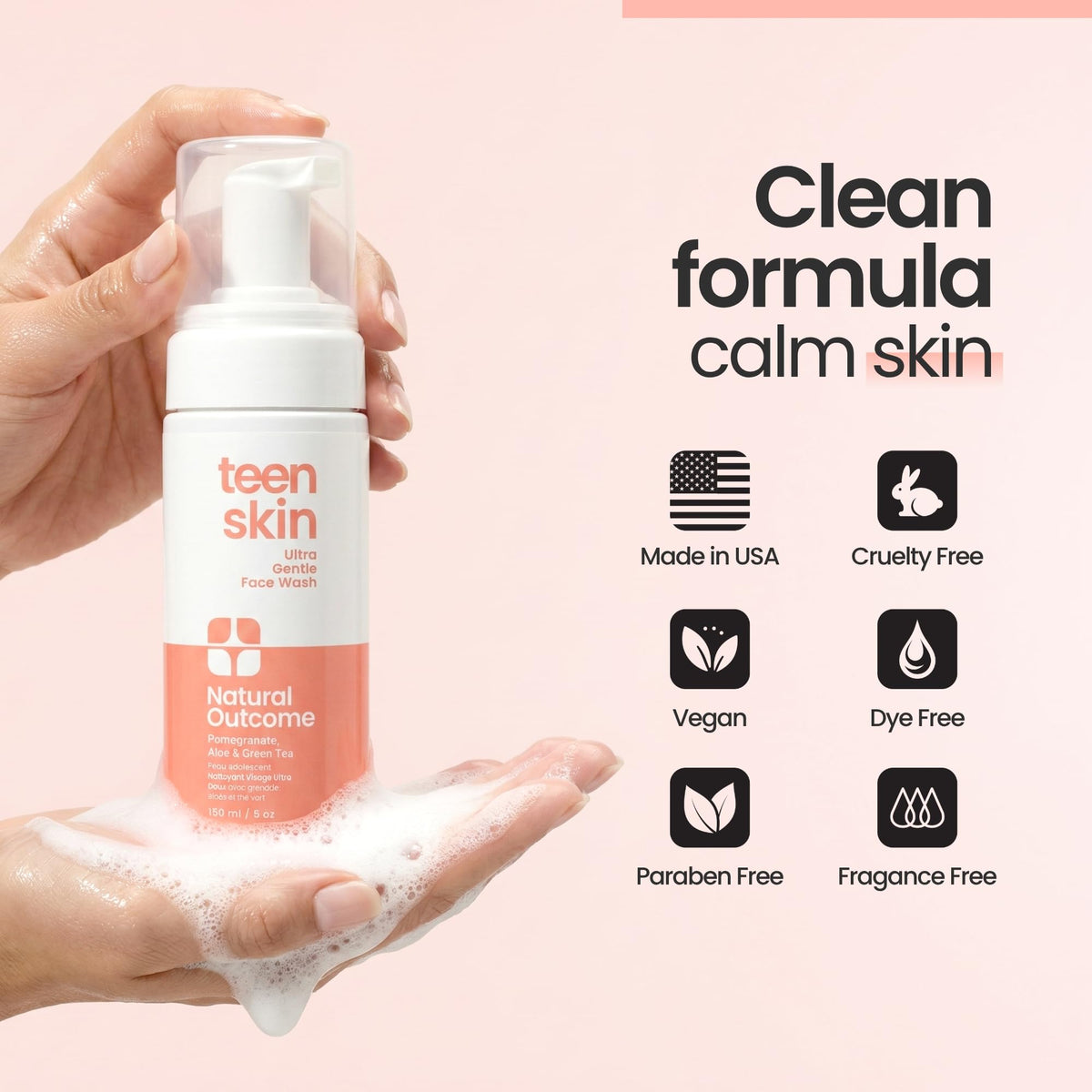 Teen using Natural Outcome face wash showing comfortable, gentle cleansing benefit