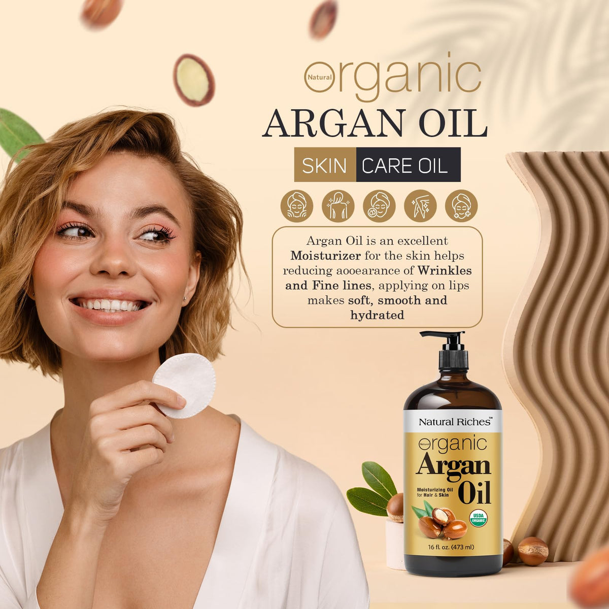 Natural Riches argan oil applied to hair mid-lengths improving smoothness and shine
