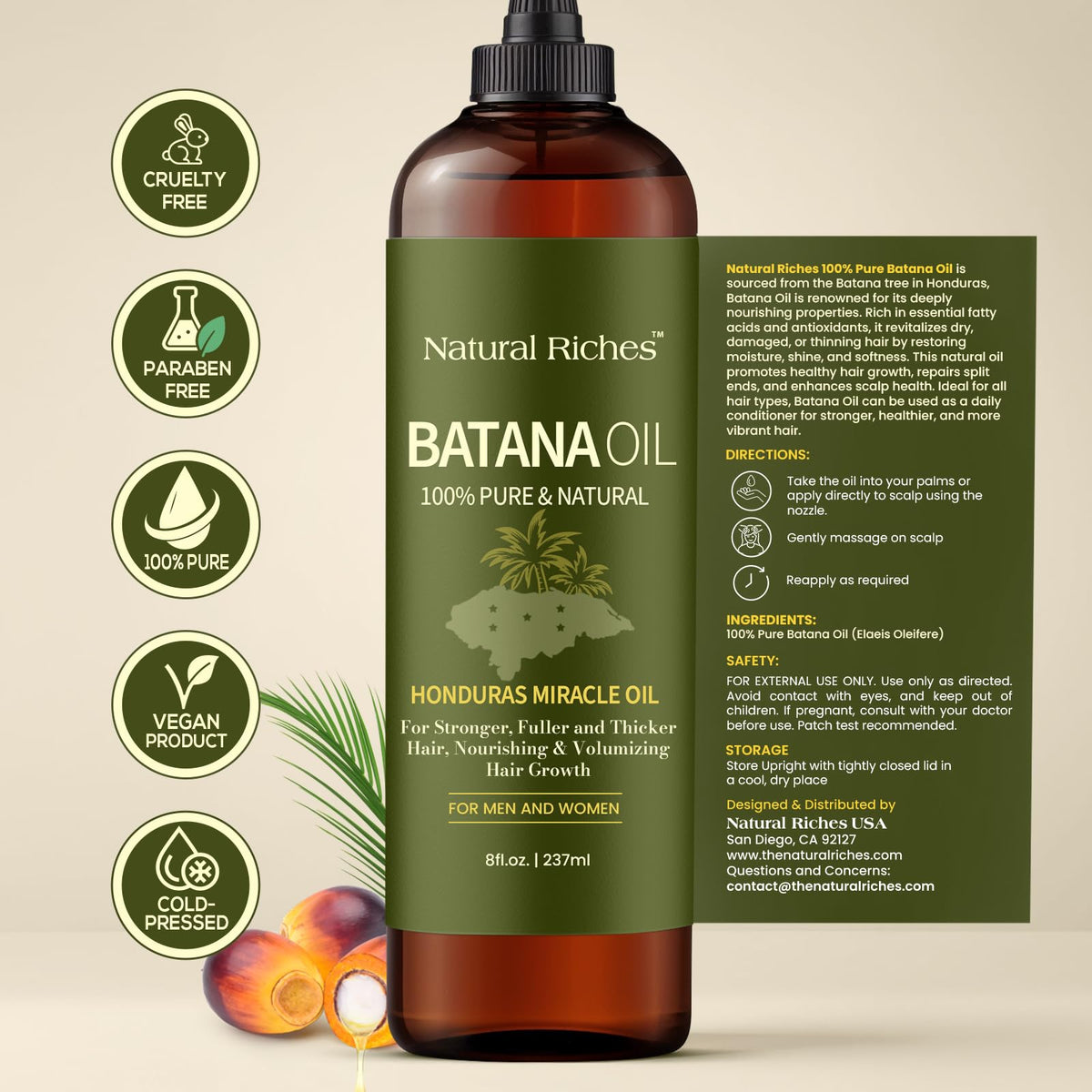Natural Riches bottle with palm fruit and leaves showing natural origin