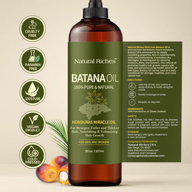 Natural Riches bottle with palm fruit and leaves showing natural origin
