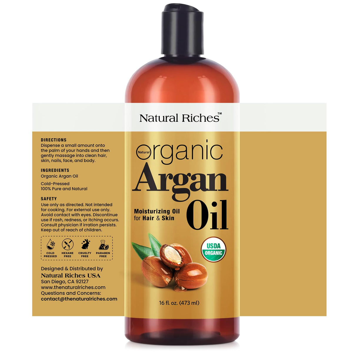 Natural Riches close-up pour of argan oil demonstrating smooth texture and hydration