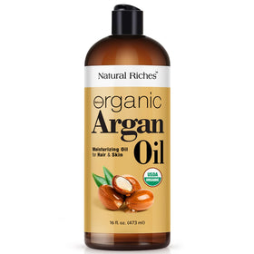 Natural Riches front bottle showing 16oz label and organic claims for long-lasting use