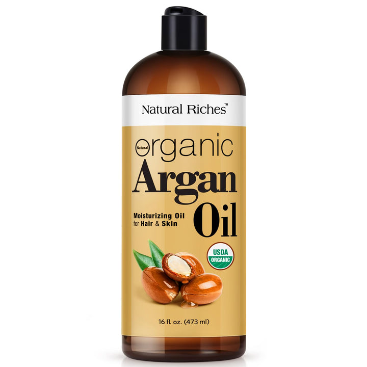Natural Riches front bottle showing 16oz label and organic claims for long-lasting use