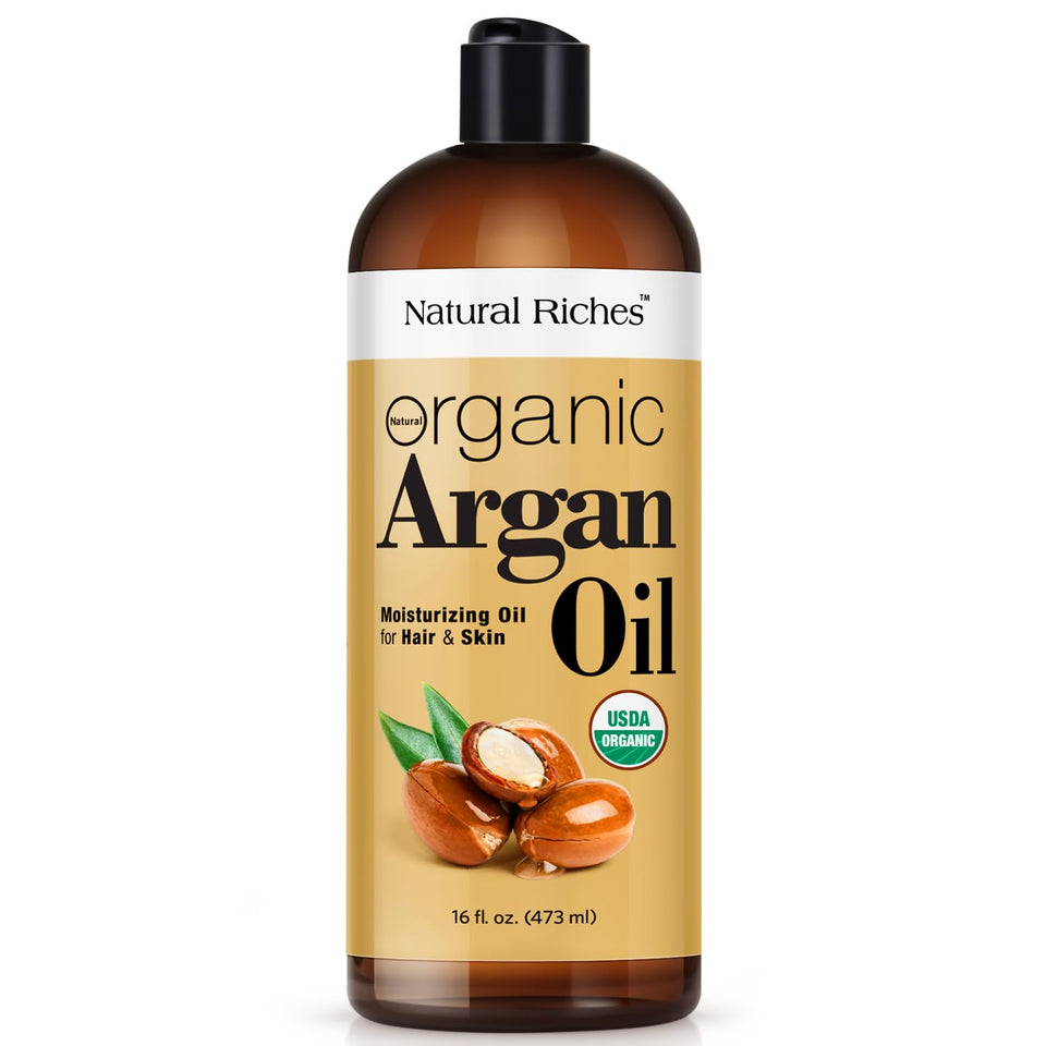 Natural Riches front bottle showing 16oz label and organic claims for long-lasting use