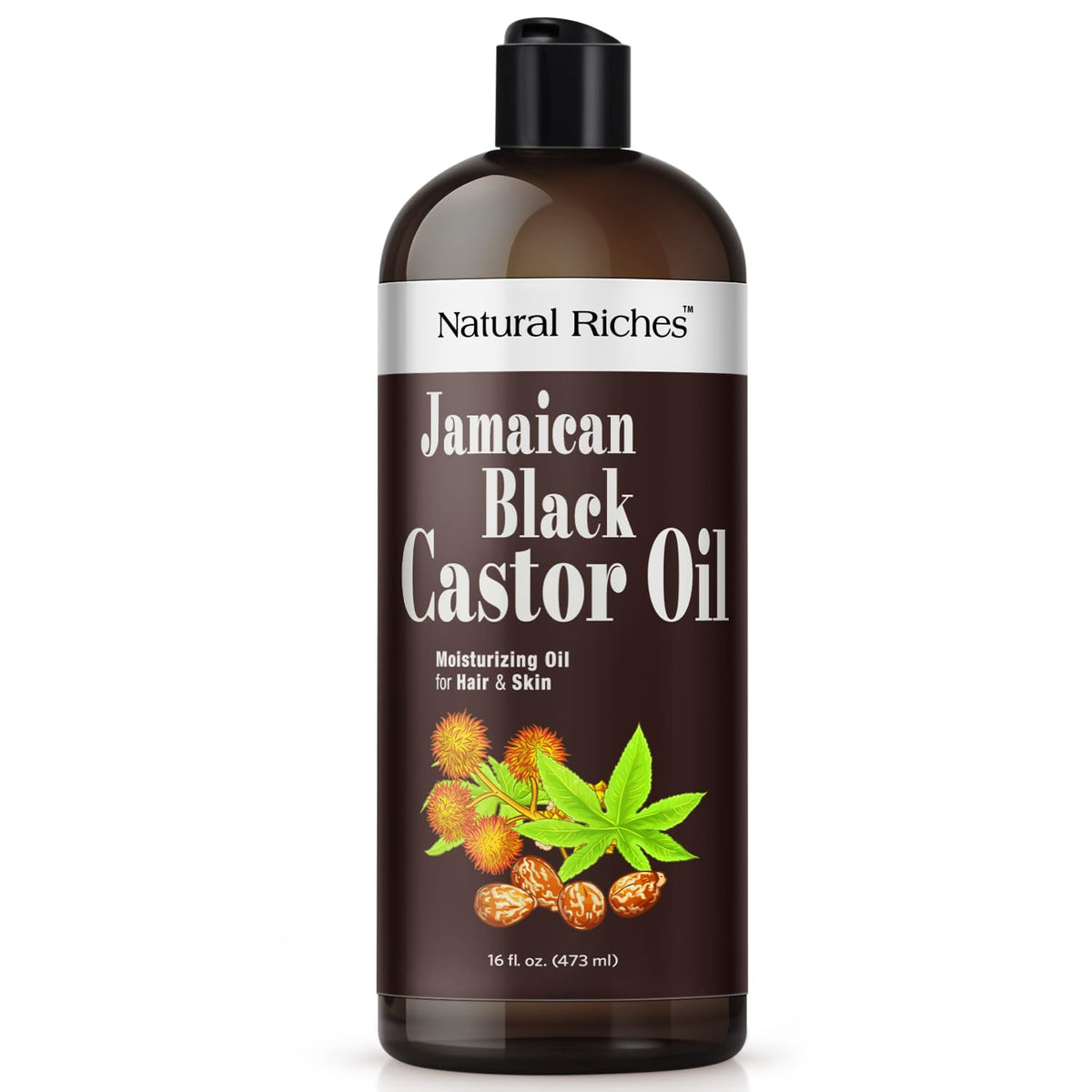 Natural Riches front label showing 16 fl oz bottle and organic claim for clarity