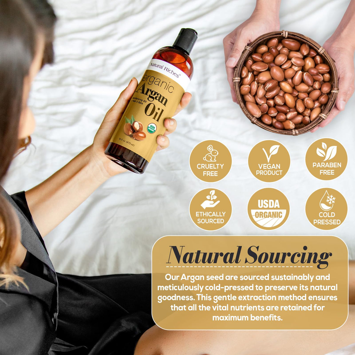 Natural Riches applying oil to hair ends to reduce frizz and increase shine