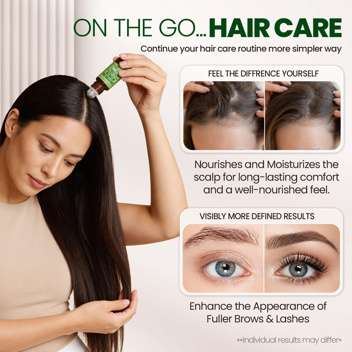 Natural Riches hairline treatment lifestyle shot illustrating easy spot nourishment and shine