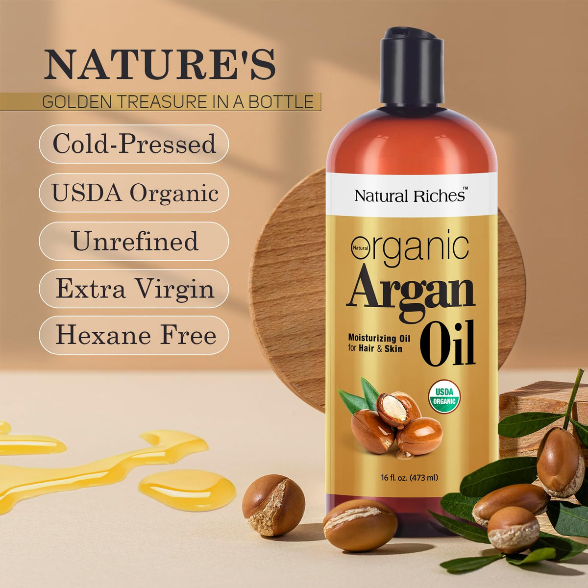 Natural Riches label close-up highlighting cold-pressed organic and vitamin E benefits