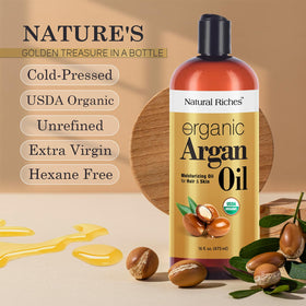 Natural Riches label close-up highlighting cold-pressed organic and vitamin E benefits