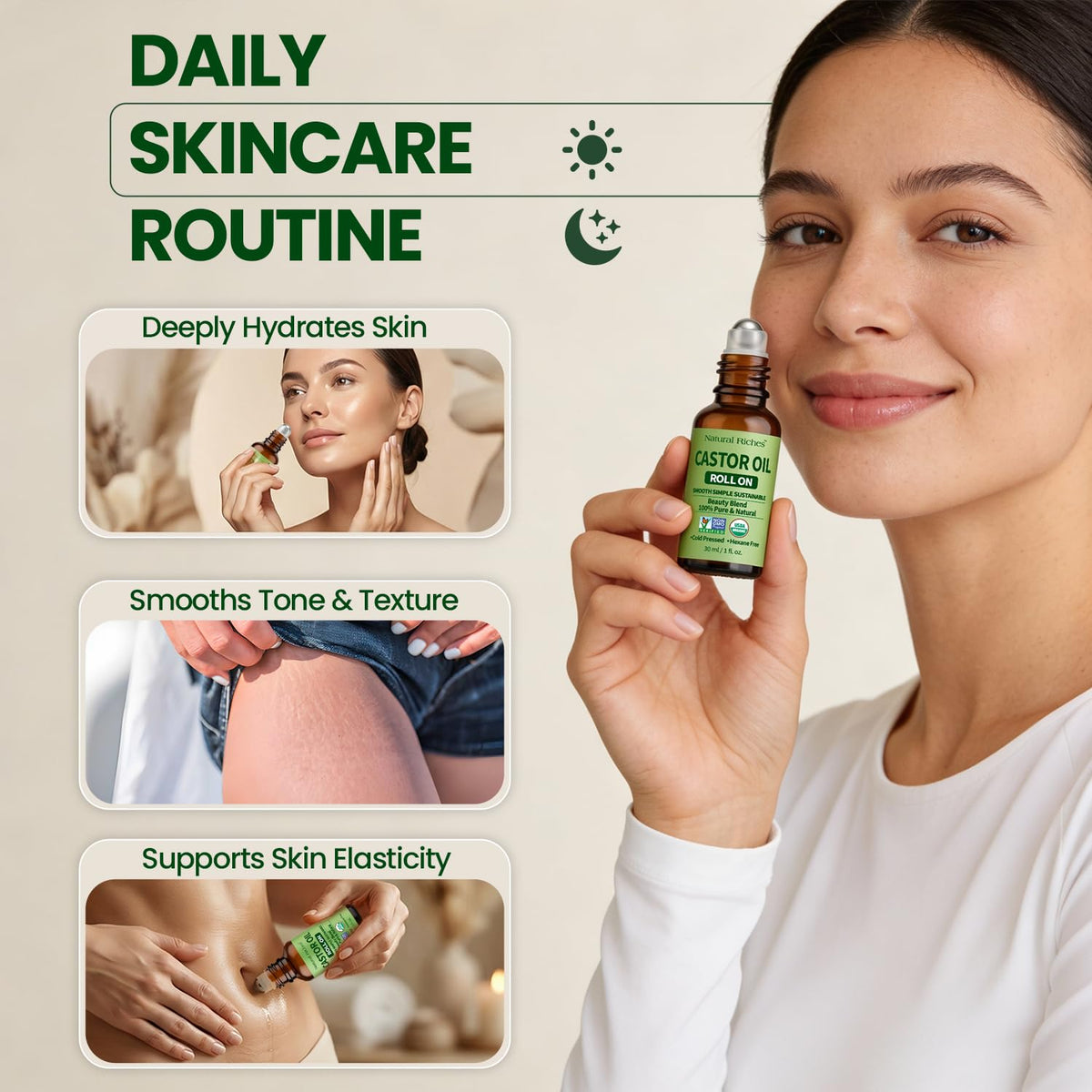 Natural Riches bottle in hand showing 1 fl oz scale for portability and convenience