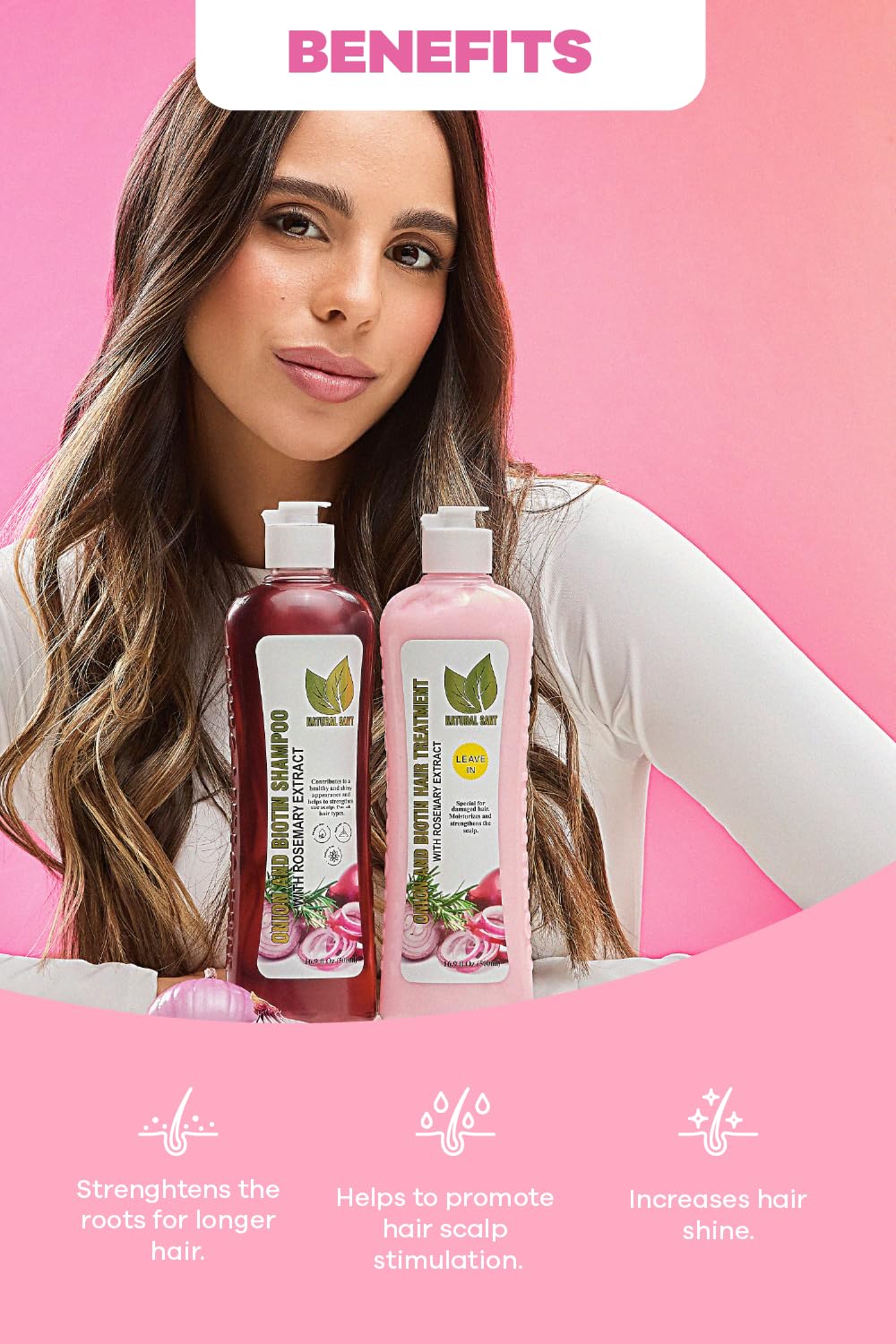 Natural Sant product label close-up listing onion rosemary biotin benefits