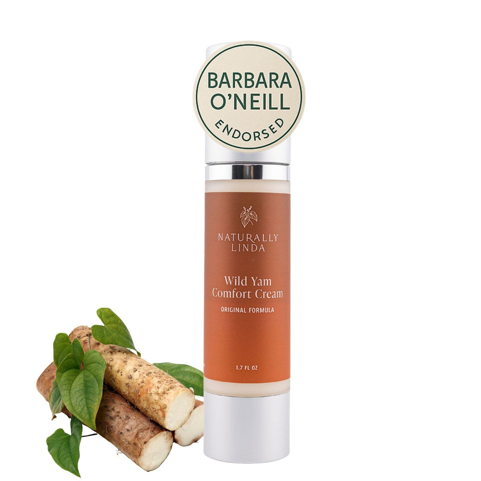 NATURALLY LINDA front label showing wild yam cream, clear ingredient callout and benefit