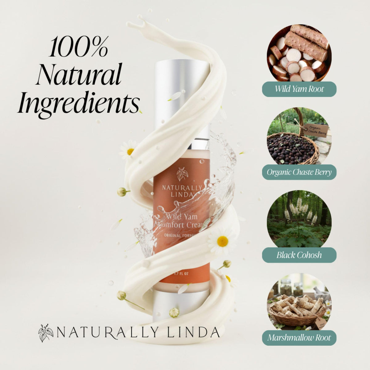 NATURALLY LINDA on bathroom counter in lifestyle shot showing everyday self-care benefit
