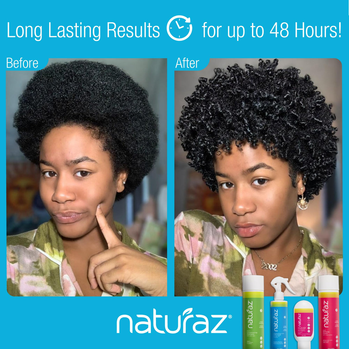 Naturaz on adult curls showing softer, defined texture after use