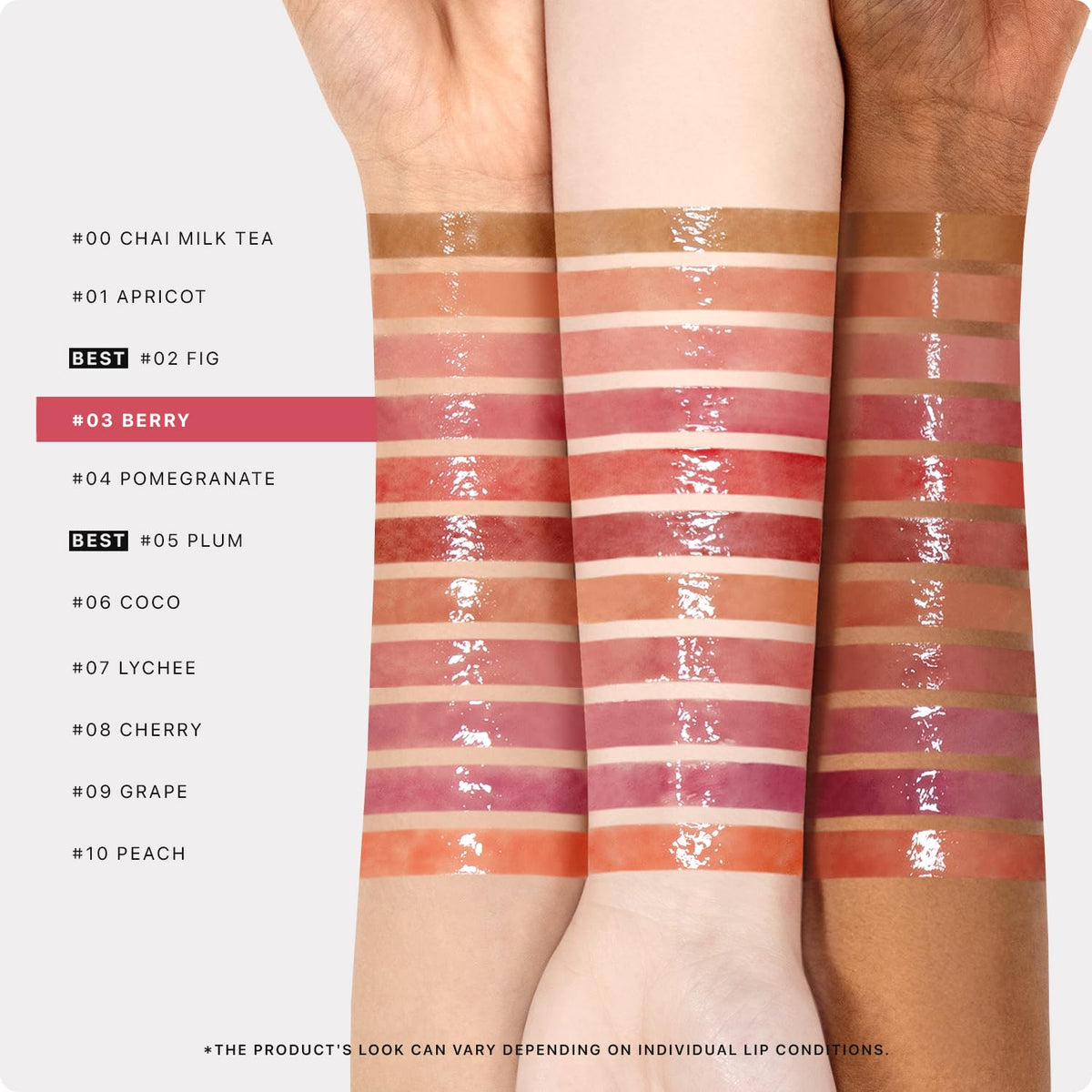Nature Republic swatches of 03 Berry showing sheer buildable color