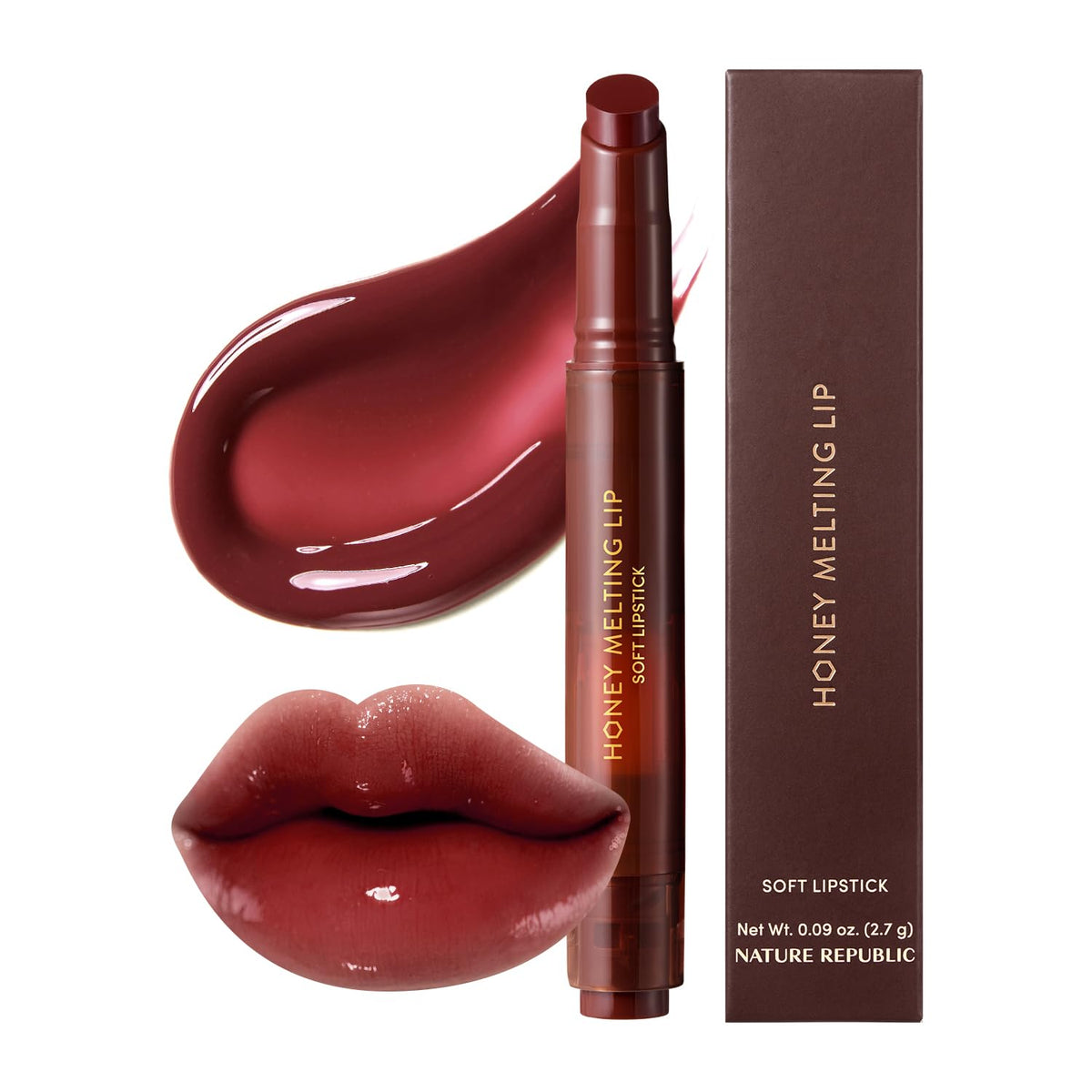 Nature Republic front view of honey-melting lip stick showing glossy berry shade