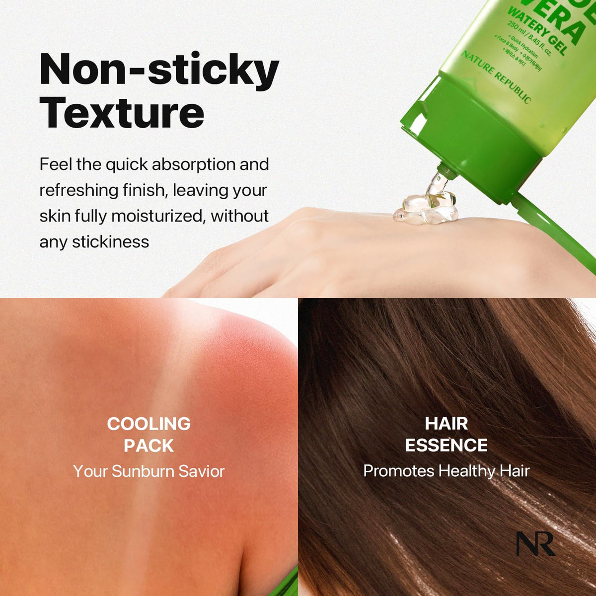 Nature Republic gel used on shoulders in sunny outdoor after-sun routine