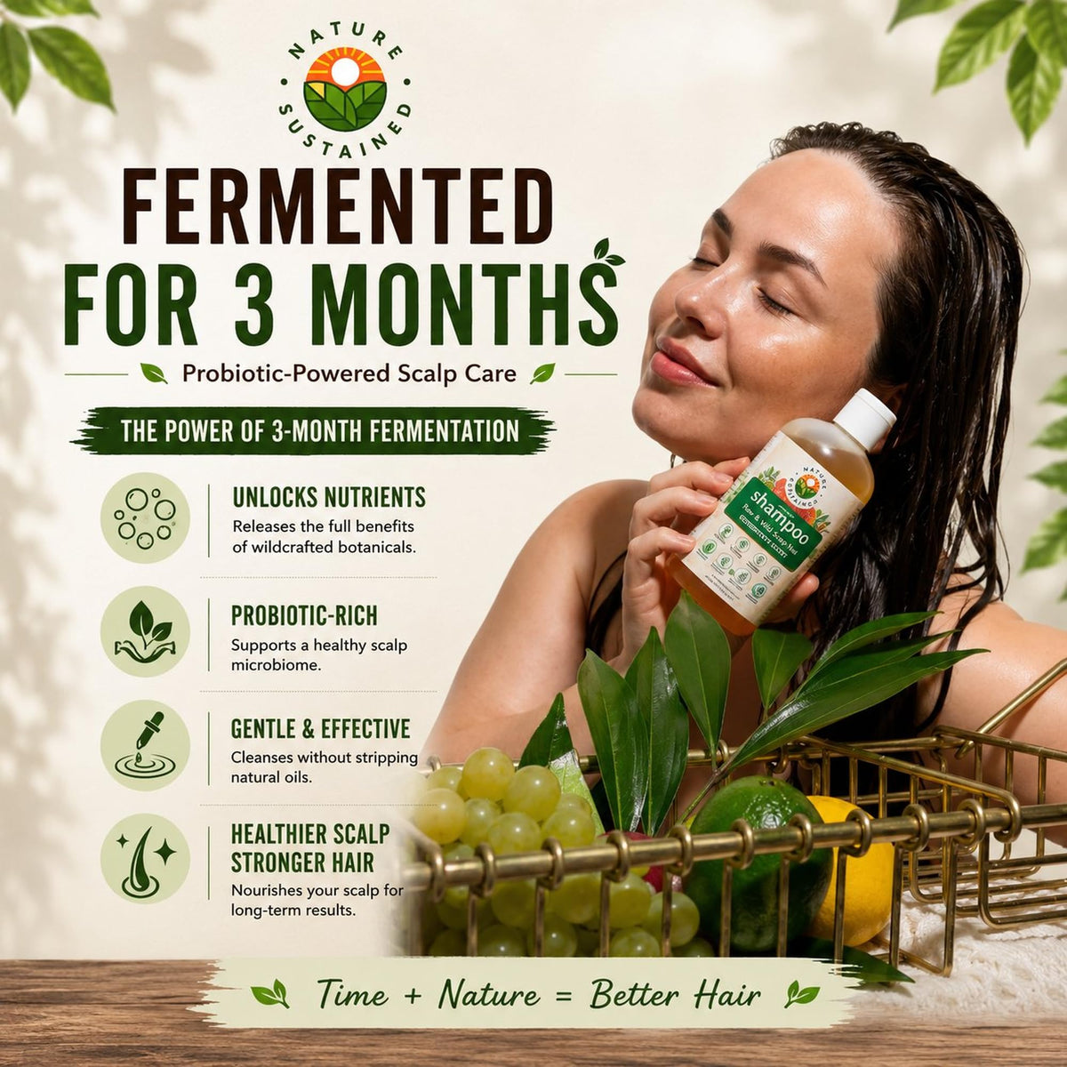 Nature Sustained fermented probiotics harvest scene showing scalp-support benefit