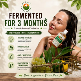 Nature Sustained fermented probiotics harvest scene showing scalp-support benefit