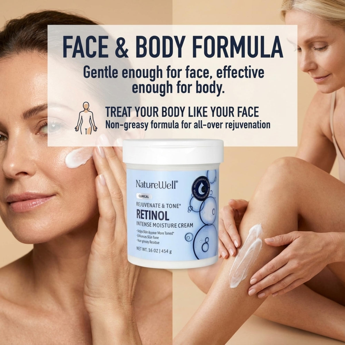 NATURE WELL applying cream to face illustrating gentle retinol use and quick absorption