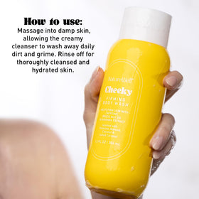 NatureWell pouring onto loofah, shows easy application and foaming action