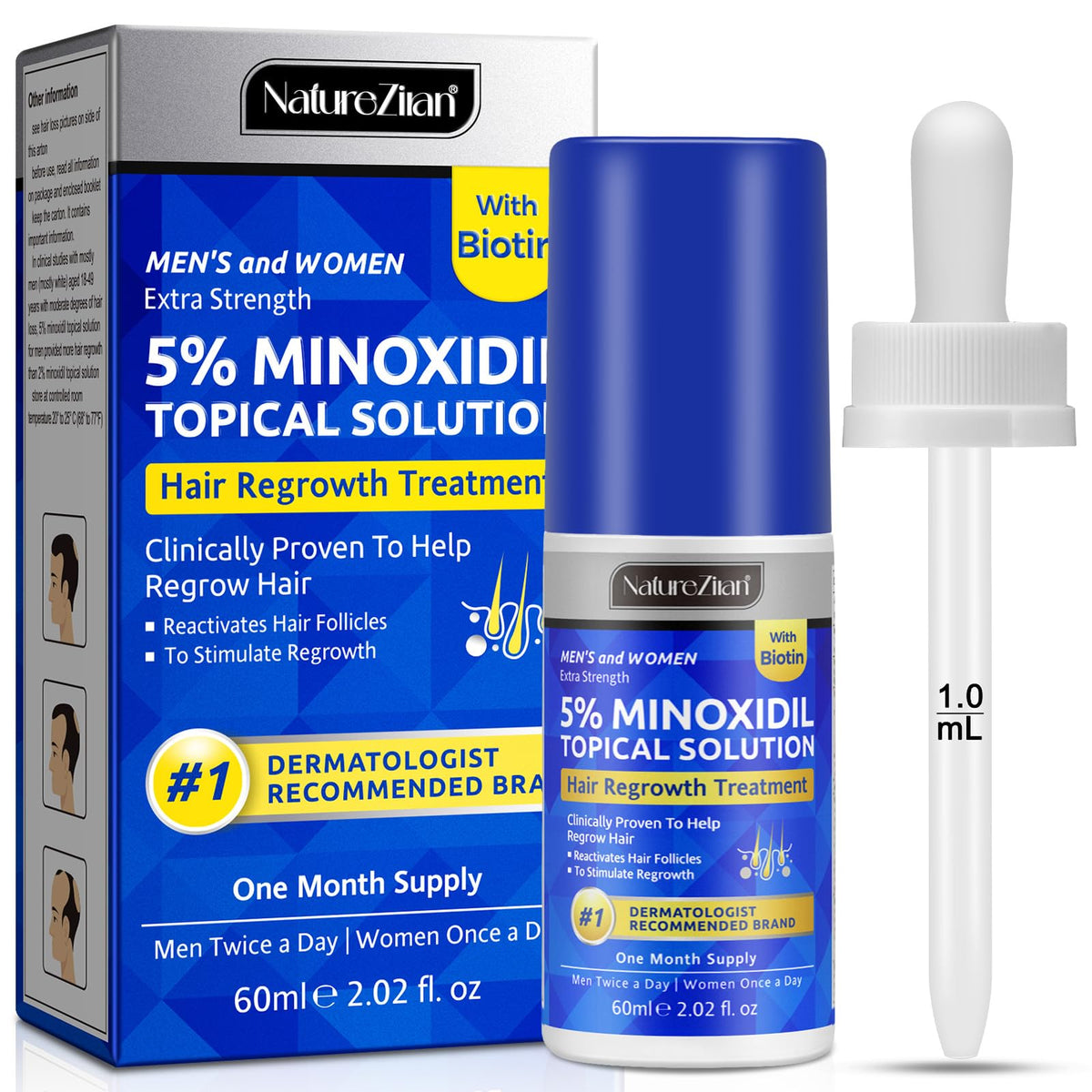 NATURE ZIRAN front packaging showing 5% minoxidil and benefits