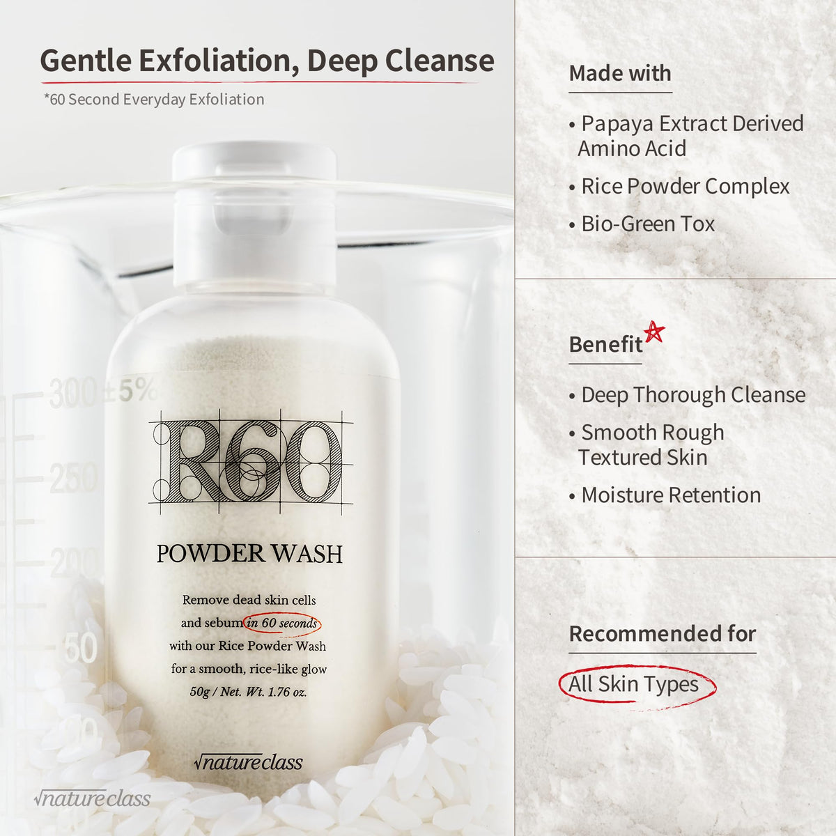 NATURECLASS open jar showing fine powder texture for gentle exfoliation