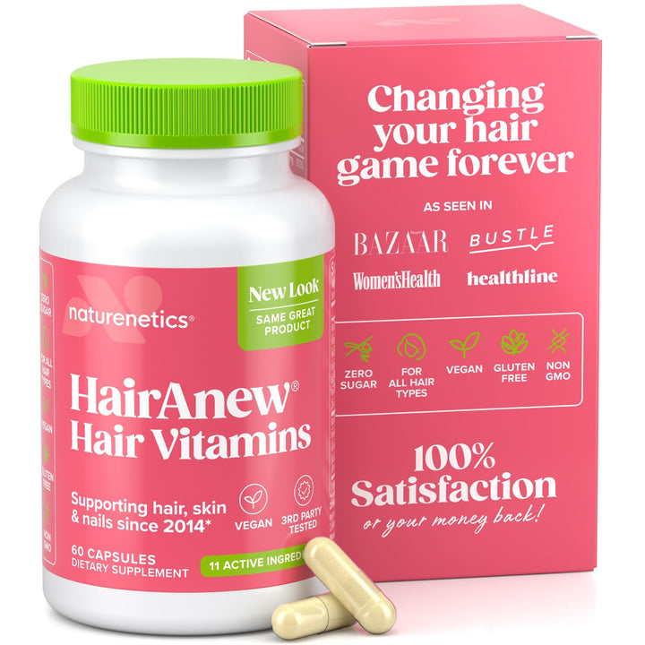 Naturenetics front bottle shot showing clear vegan hair formula benefits