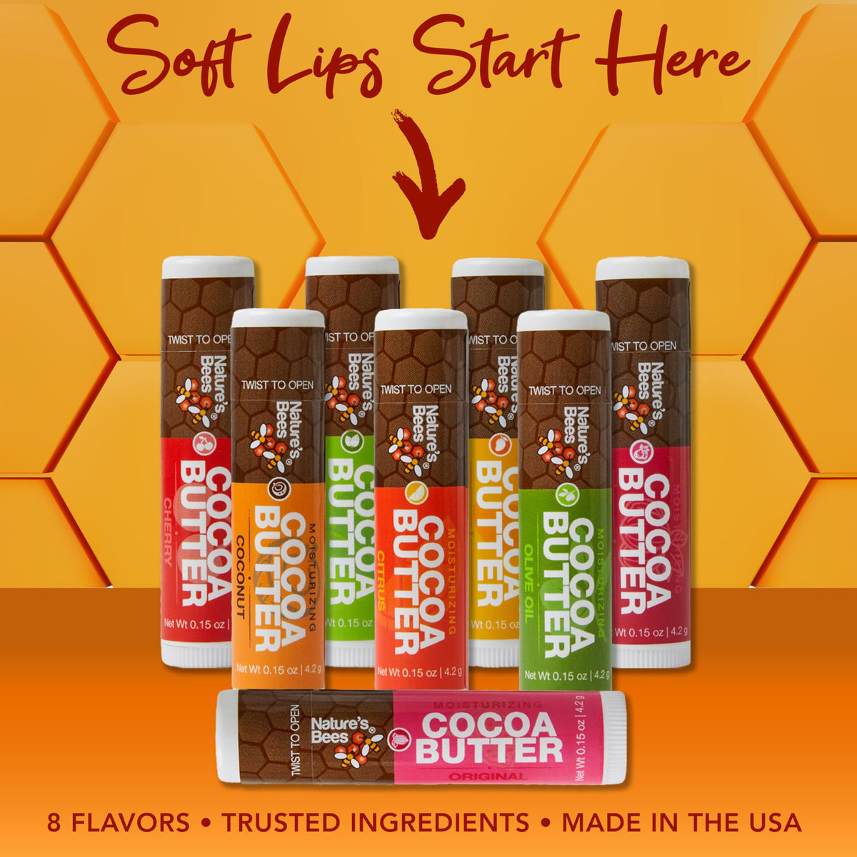 Nature's Bees close-up of balm texture highlights creamy cocoa butter hydration