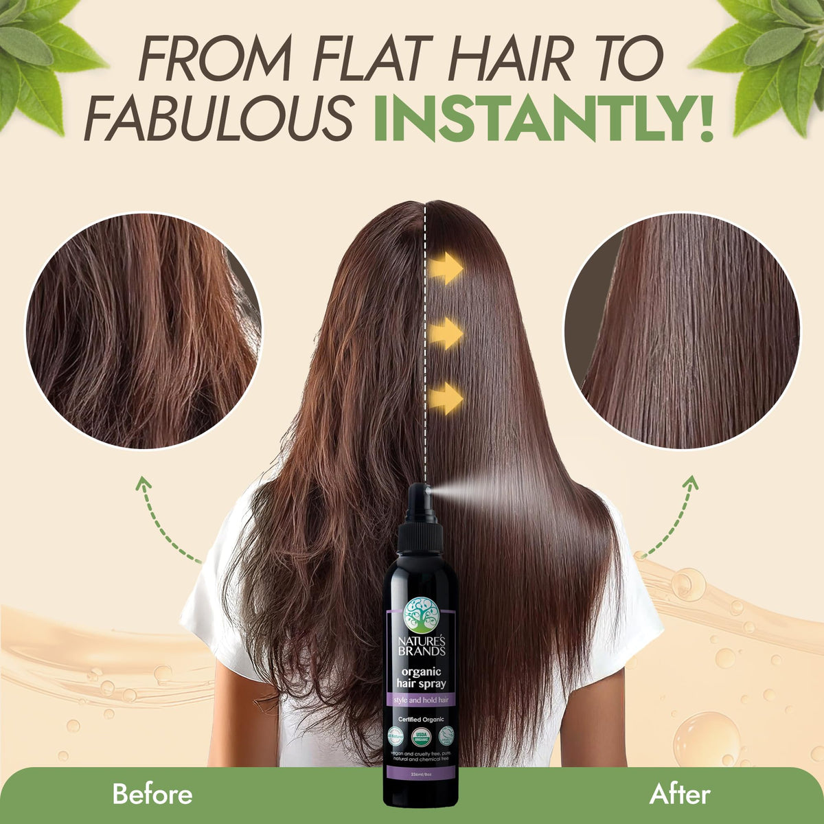 Styled hair finished with Nature's Brands spray showing volume, shine and frizz control