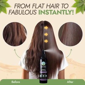 Styled hair finished with Nature's Brands spray showing volume, shine and frizz control