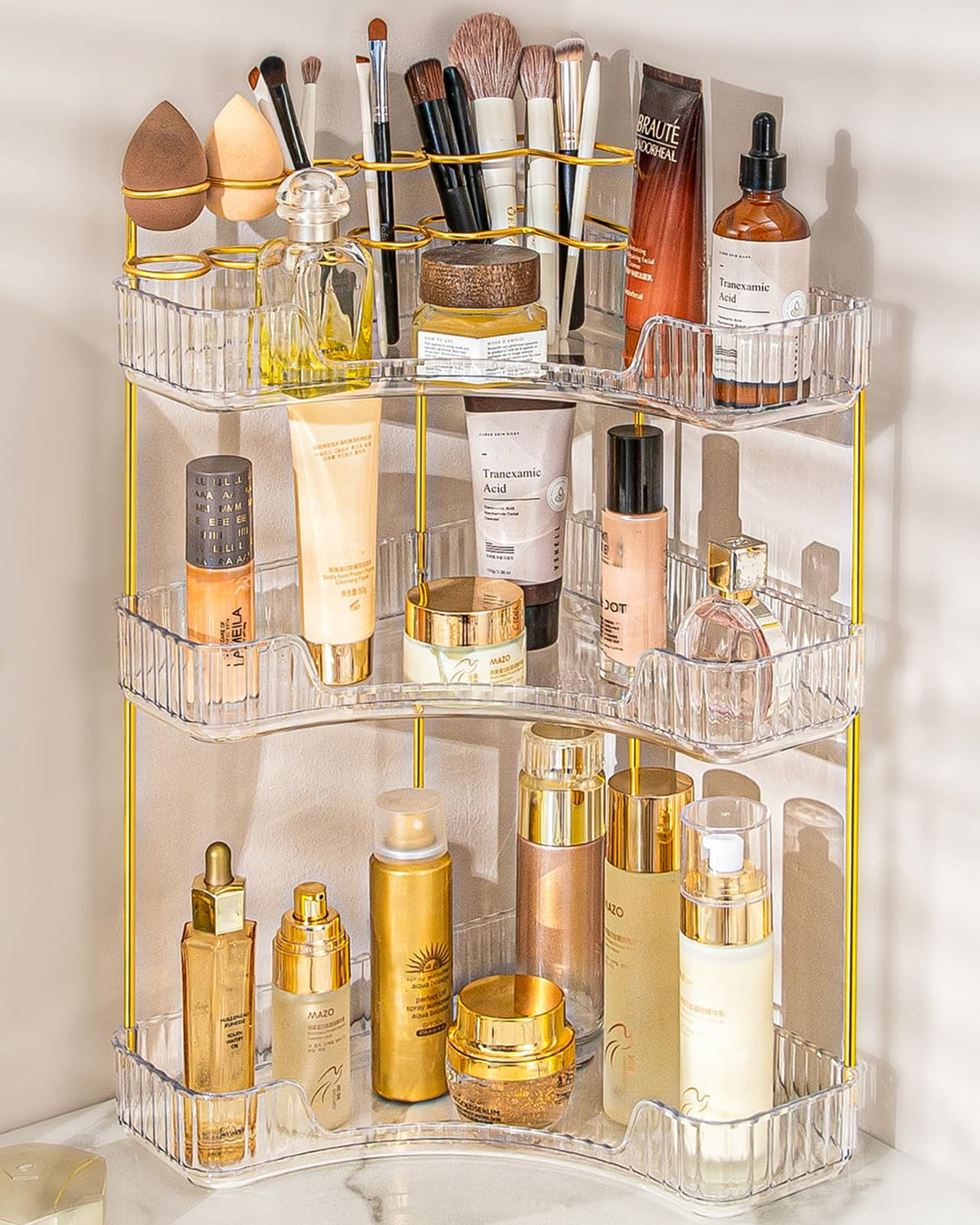 NATURE'S SOURCE front view of clear vanity organizer showing tidy cosmetics