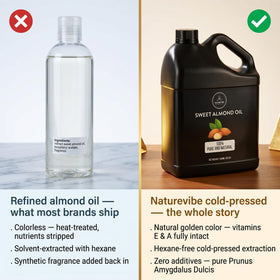 Naturevibe Botanicals almond oil applied to hair ends for smoother, shinier hair benefit