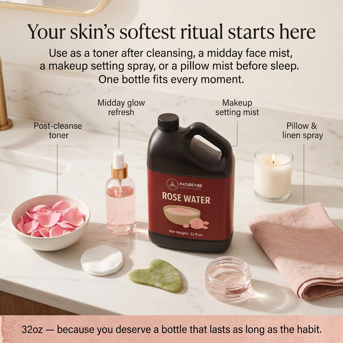 Naturevibe Botanicals bottle on vanity suggesting daily skincare convenience and routine