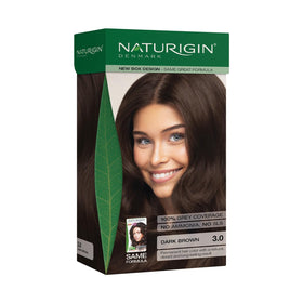 Naturigin front packaging showing shade 3.0 dark brown and benefits